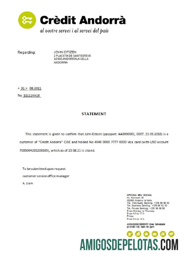 Referência de encerramento do banco Andorra Credit Andorra baixar para verificação